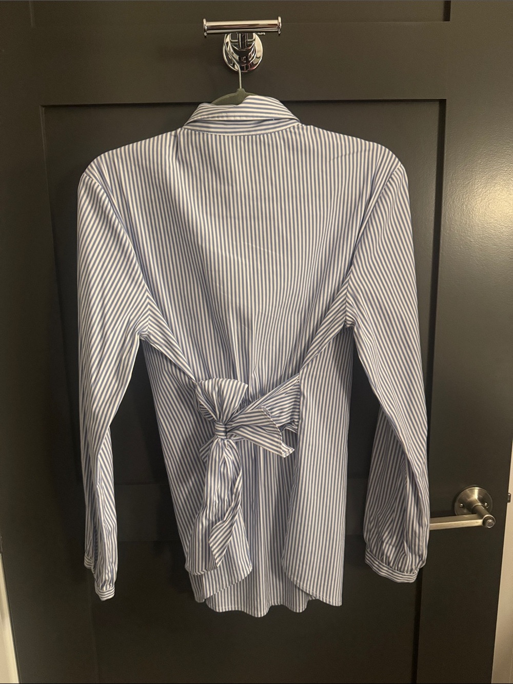 Blue and White Stripe Button-Up Tie Shirt